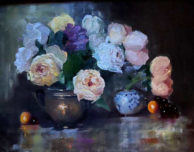 Yellow Roses, Copper Pot, and Purple